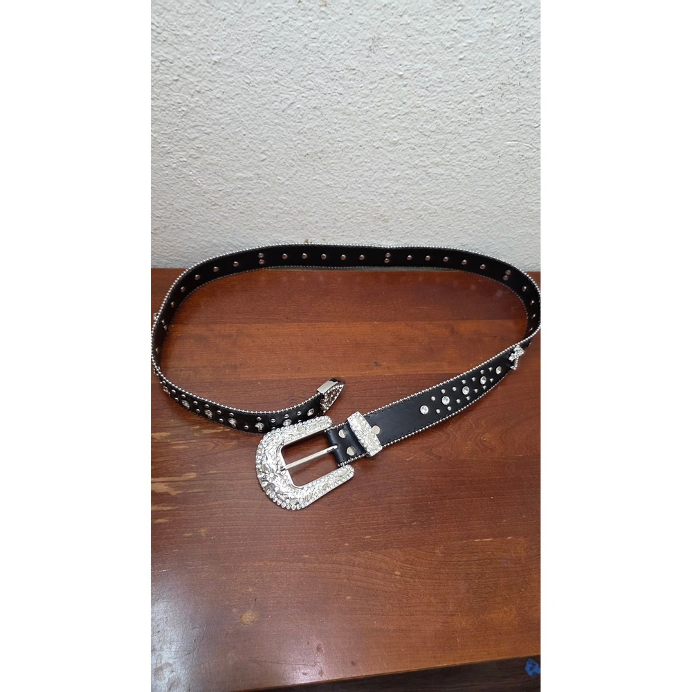 Western Rhinestone Cross Belt Black Faux Leather Studded Silver Buckle XL 46in